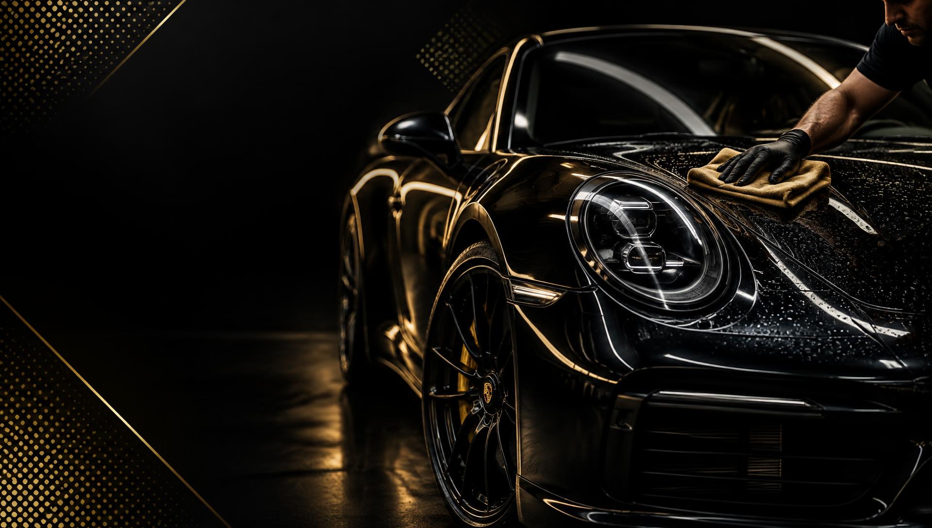 Black sports car being hand-polished with a gold microfiber cloth